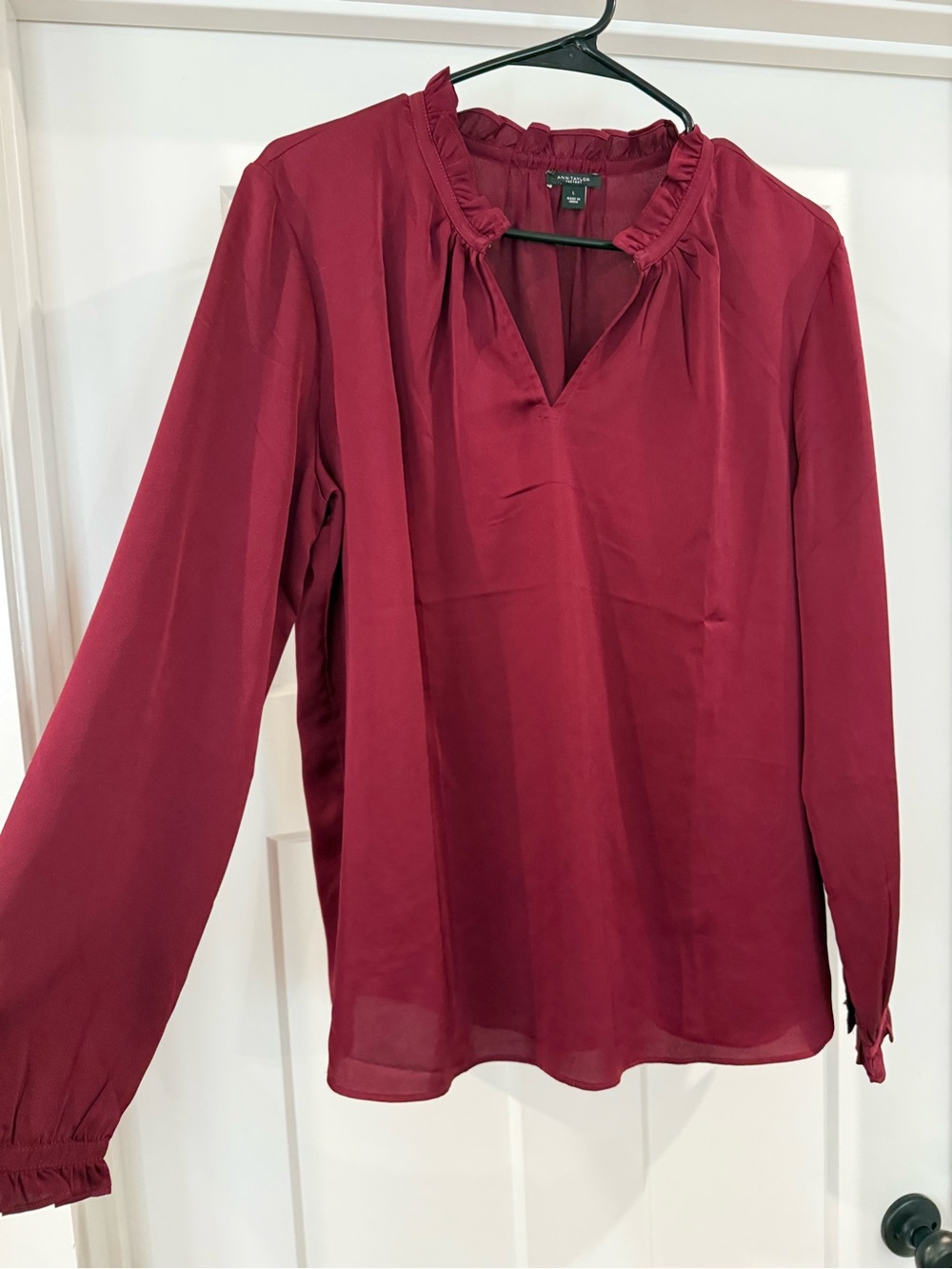 Ann Taylor Factory Ruffle Collar Long-Sleeve Blouse - Burgundy